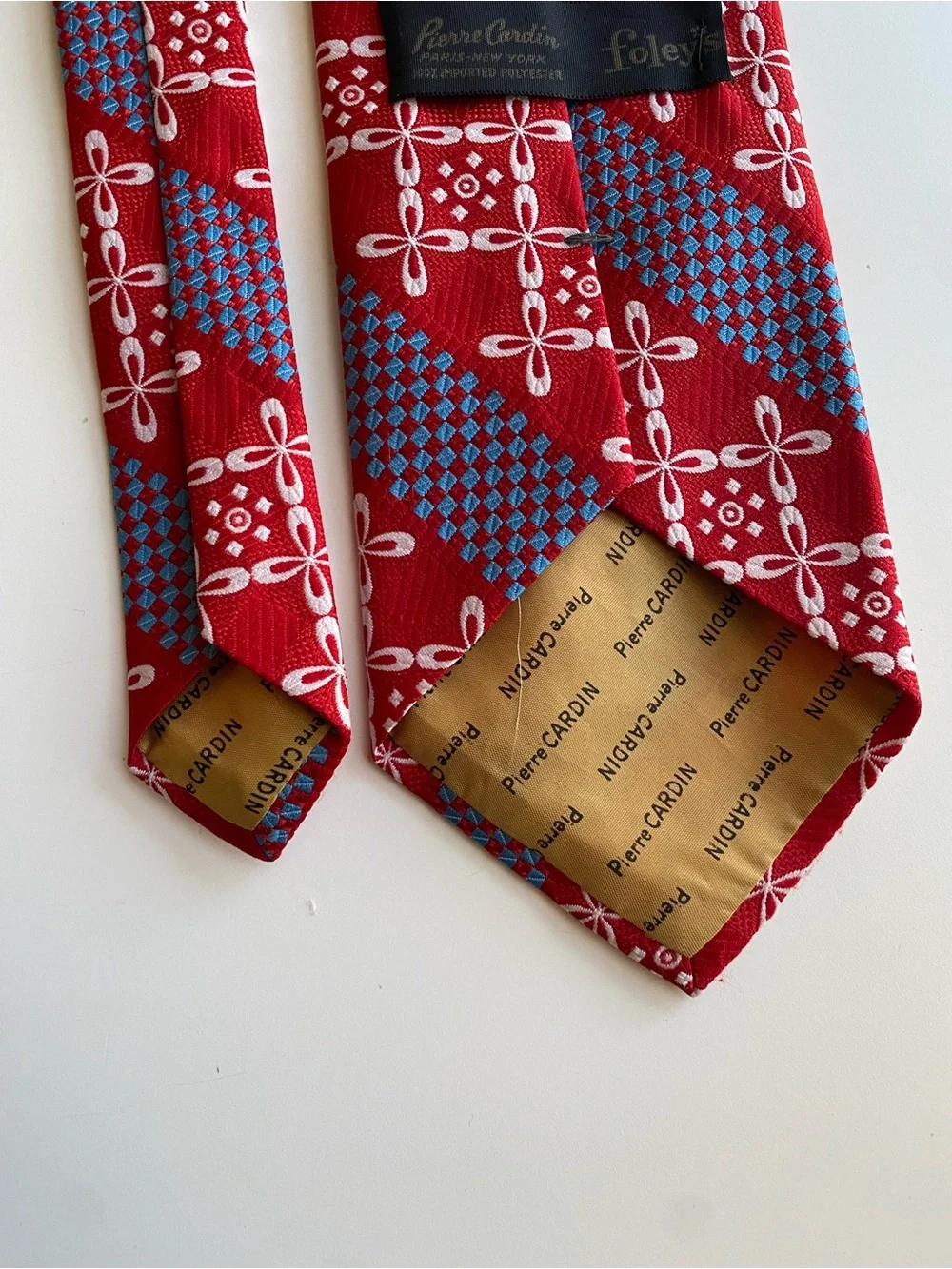 Vintage 70s Pierre Cardin Geometric Wide Tie - Foley's Red Blue White 4